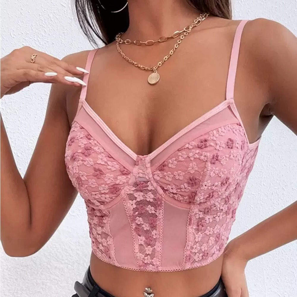 SHEIN Bustier Crop Lace Cami Top pink size large